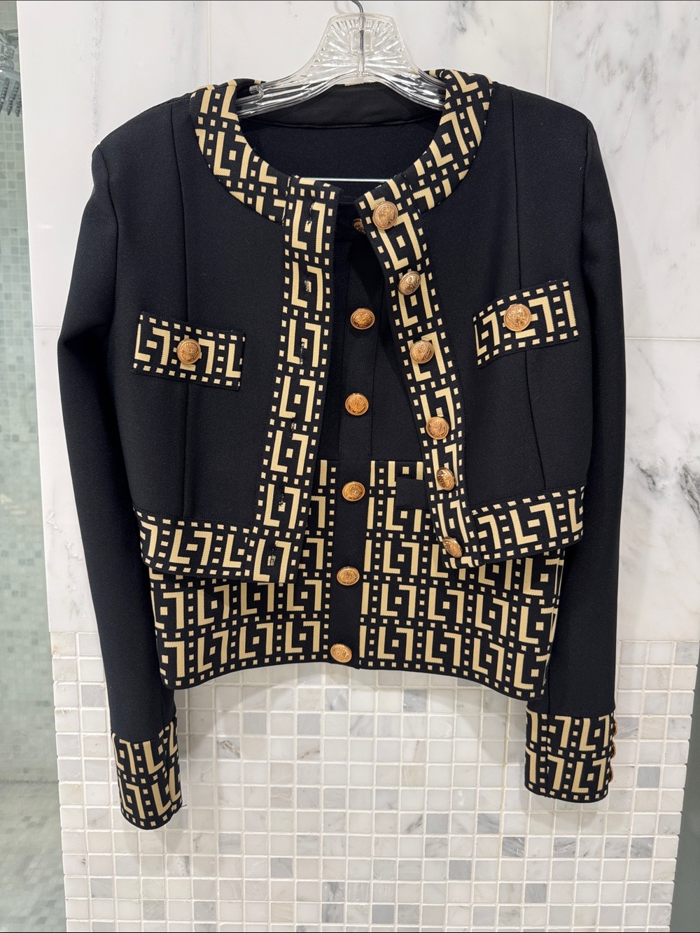 Black & Gold Patterned Cropped Jacket with matching skirt